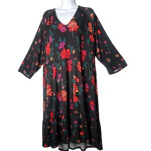 Torrid Super Soft Knit Black Floral Tiered Midi Dress 3X‎ Whimsygoth Romantic